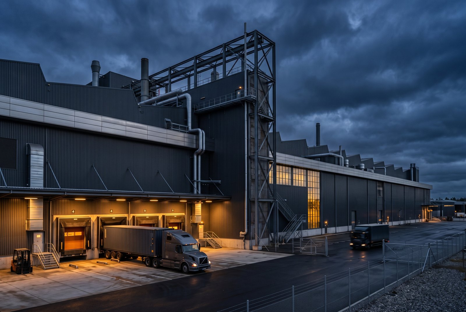 Industrial warehouse and factory exterior at dusk with an illuminated loading dock and a truck backed into the bay