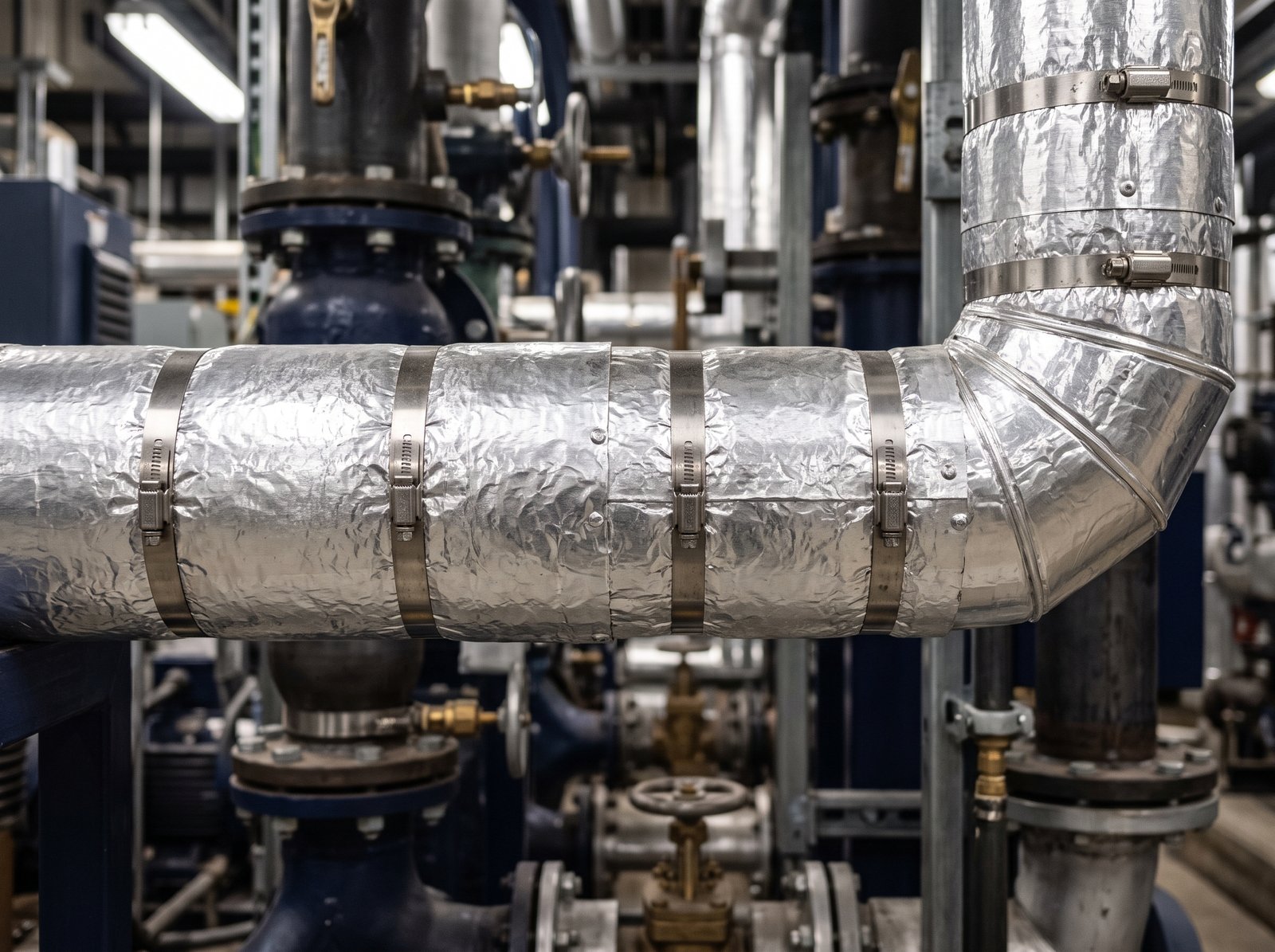 Close-up of industrial pipework wrapped in foil-clad thermal insulation with stainless steel clamp bands