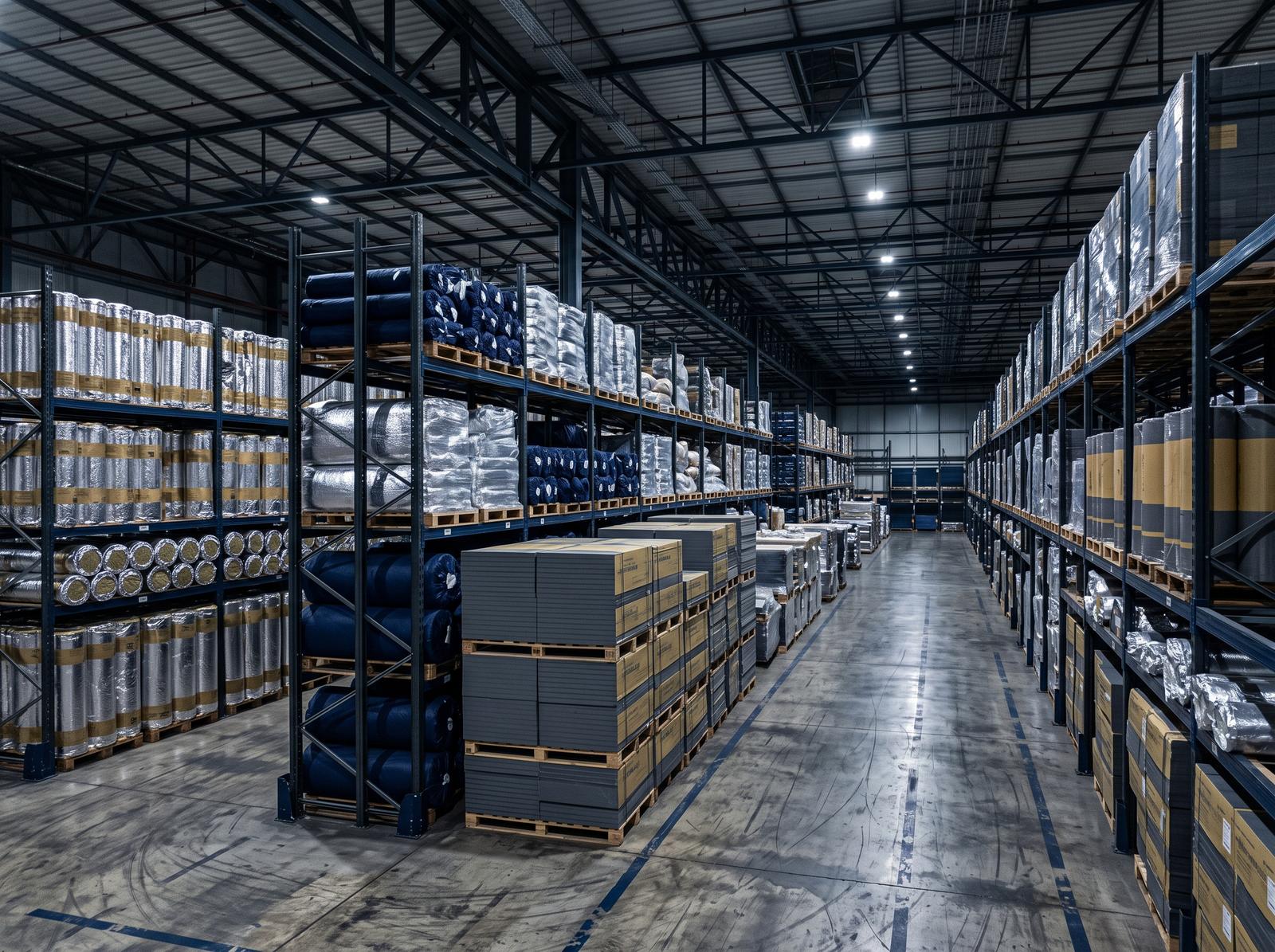 Industrial warehouse aisle with tall steel racking stocked with foil-faced insulation rolls and boxed board stock