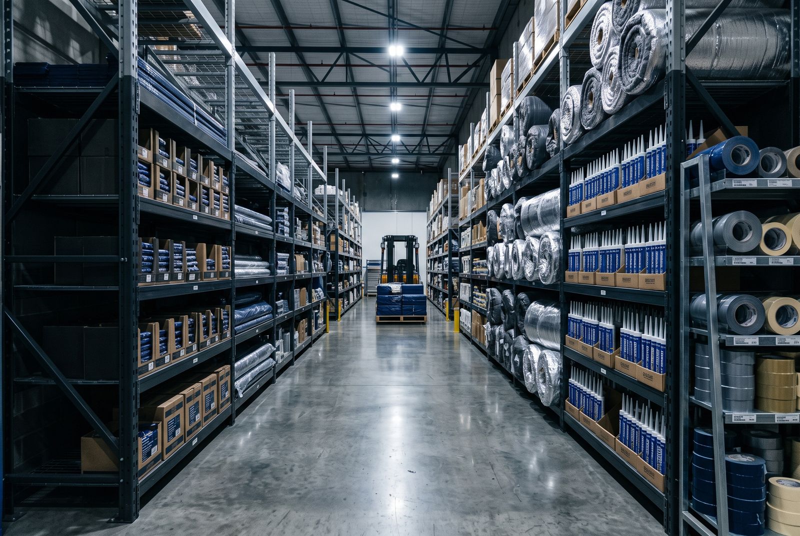Warehouse aisle with shelving stocked with sealant cartridges, tape rolls and foil-faced insulation rolls